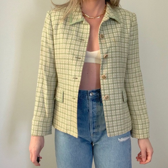 Vintage Pistachio Green Tweed Blazer Jacket Small - Picture 5 of 8
